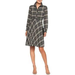 Womens Size 12 Banana Republic Plaid Button Front Long Sleeve Pleated Dress